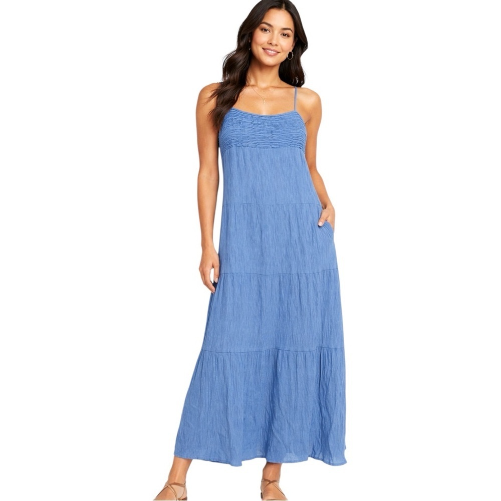 KIRIOUS Los Angeles Blue Maxi Dress Tiered Spaghetti Strap Size M